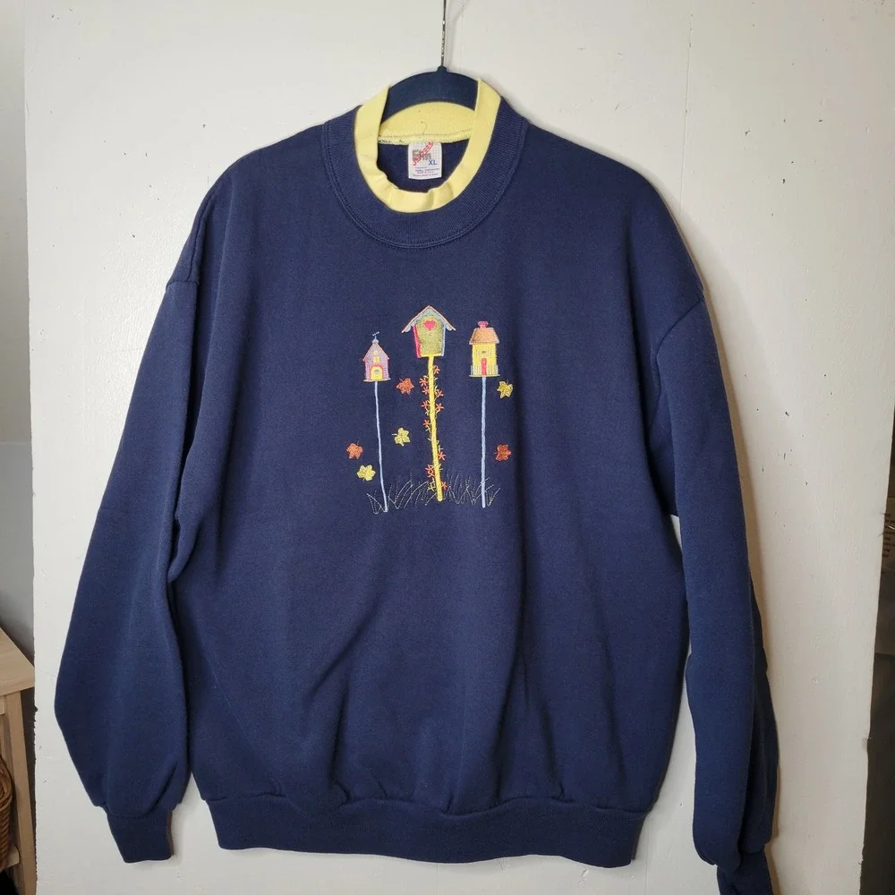 Vintage Jerzees Navy Blue Embroidered Birdhouse Sweatshirt Womens XL Made in USA